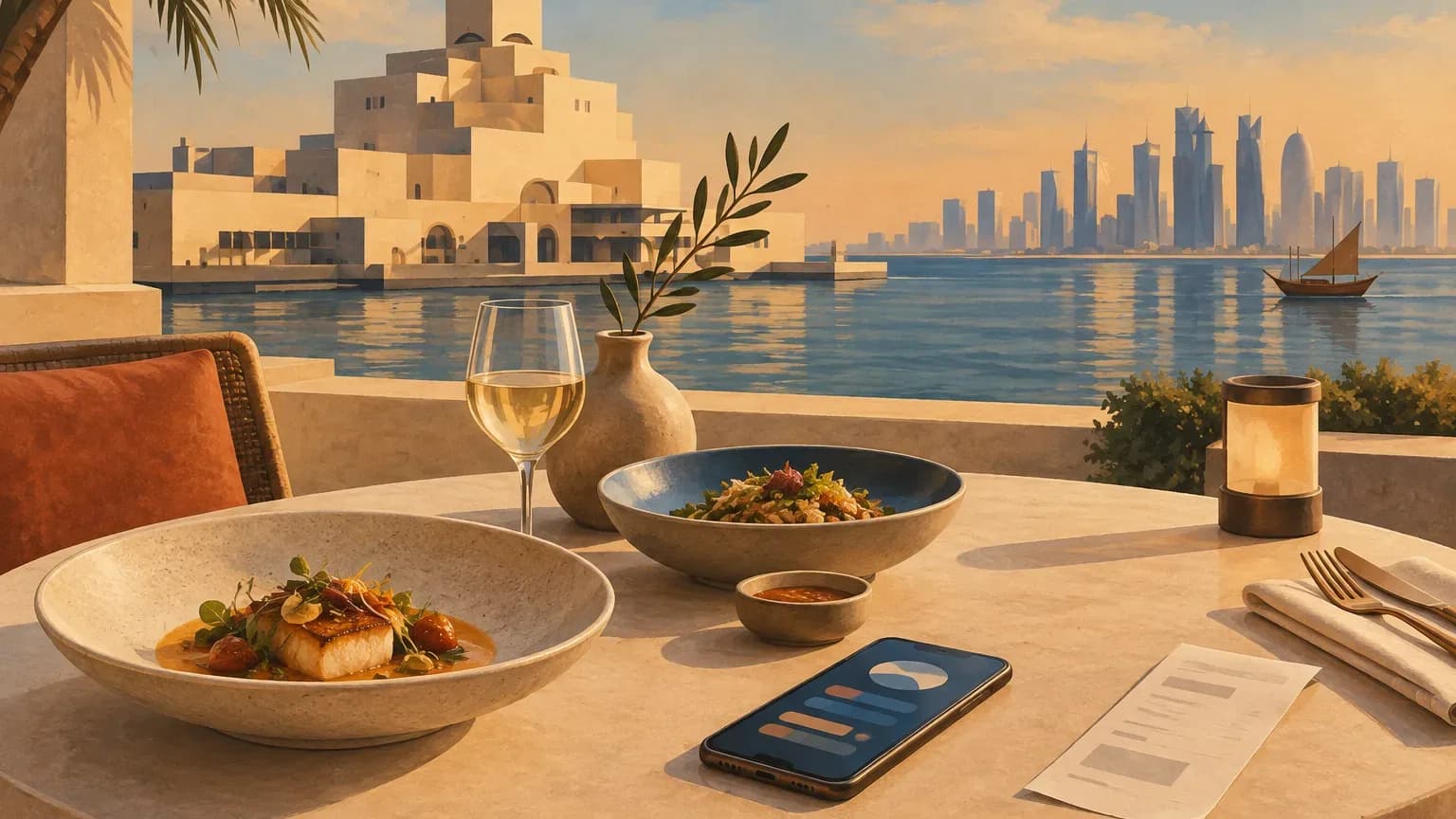 Editorial illustration of a dining table, smartphone and receipt against a stylised Doha waterfront.